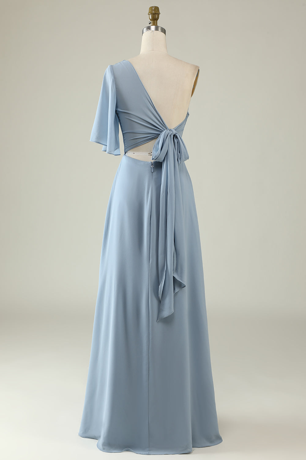 One Shoulder Long Chiffon Bridesmaid Dress With Bowtie