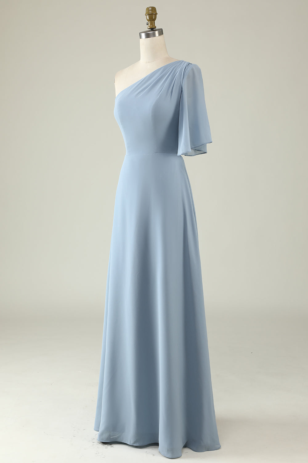 One Shoulder Long Chiffon Bridesmaid Dress With Bowtie