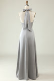 Grey Halter Neck Open Back Long Formal Dress With Split