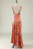 V-Neck Shoulder Straps Long Floral Print Dress