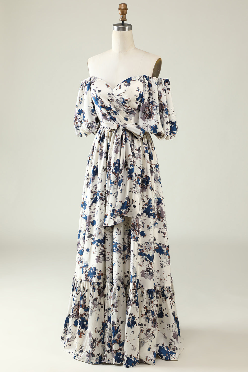 Romantic A-Line Off The Shoulder Long Print Dress With Belt