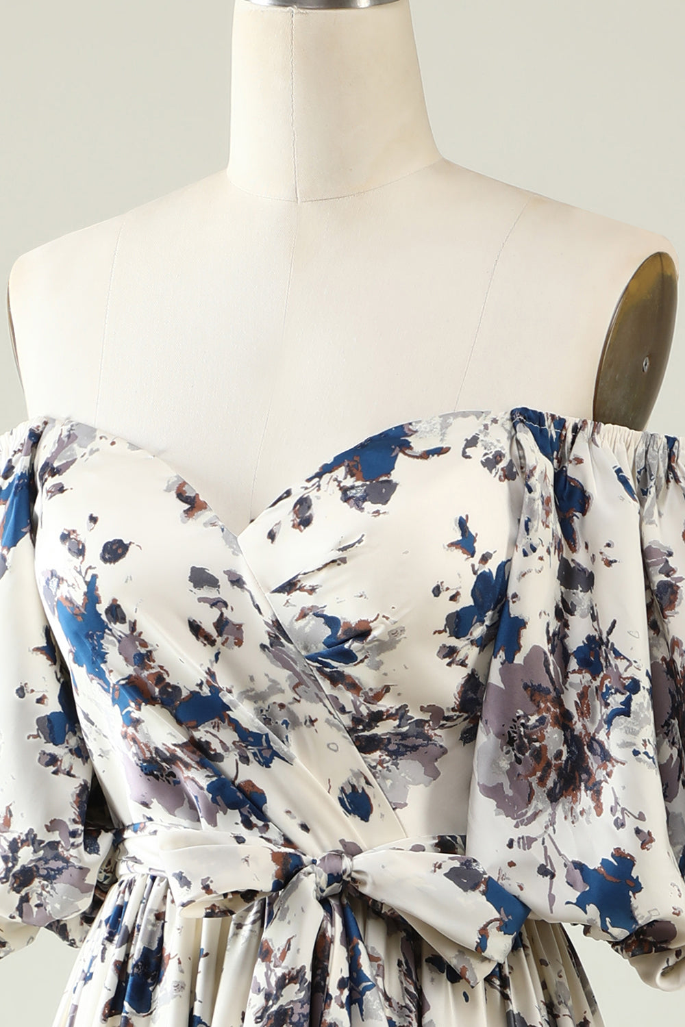 Romantic A-Line Off The Shoulder Long Print Dress With Belt