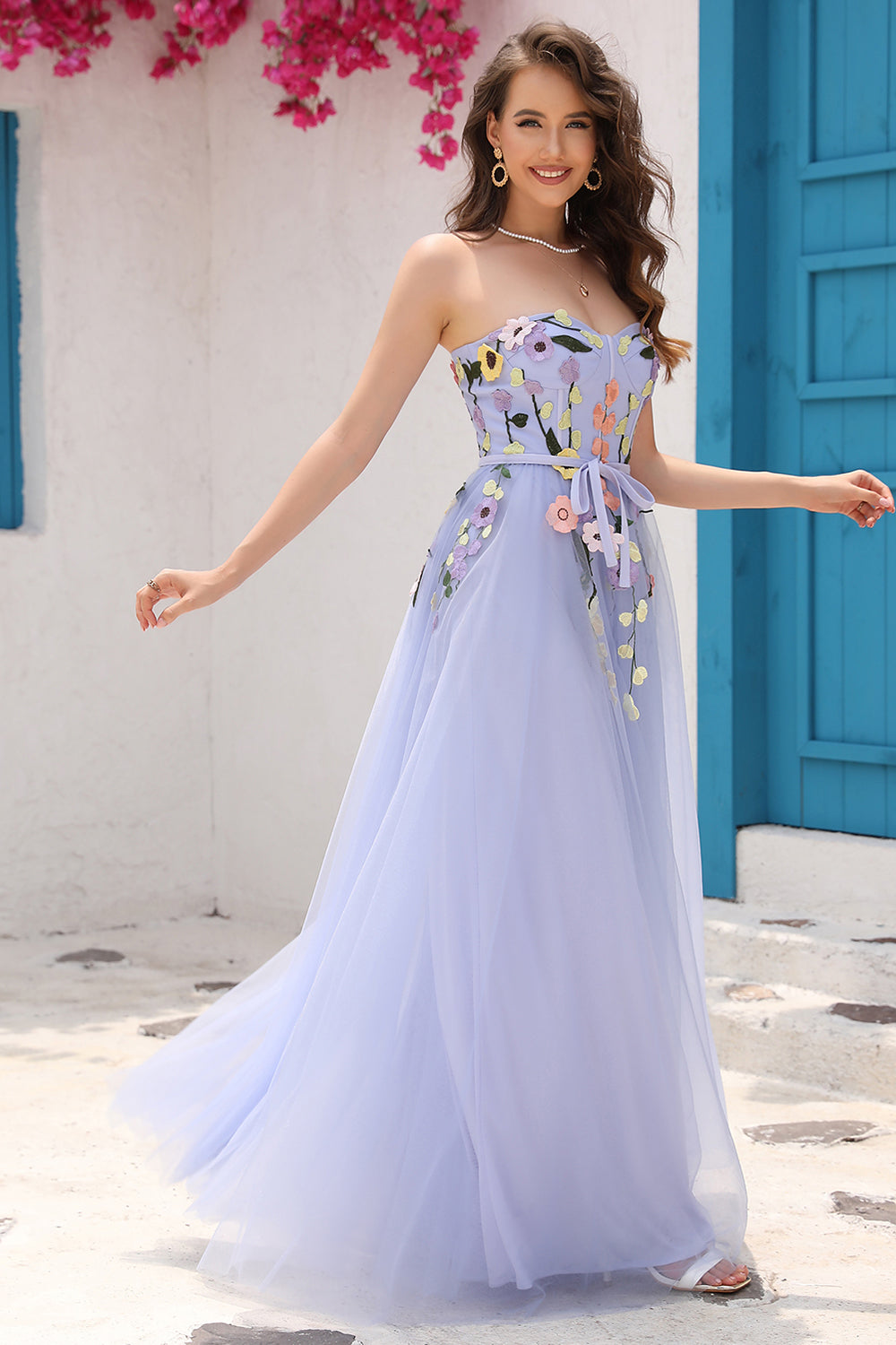 Lavender A Line Sweetheart Long Formal Dress with Embroidery