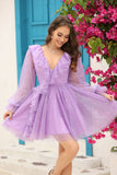 V-Neck Long Sleeves Glitter Short Party Dress With Ruffles