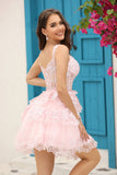 Chic Pink A-Line Tiered Short Lace Dress