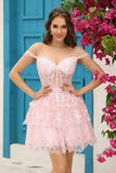 Chic Pink A-Line Tiered Short Lace Dress