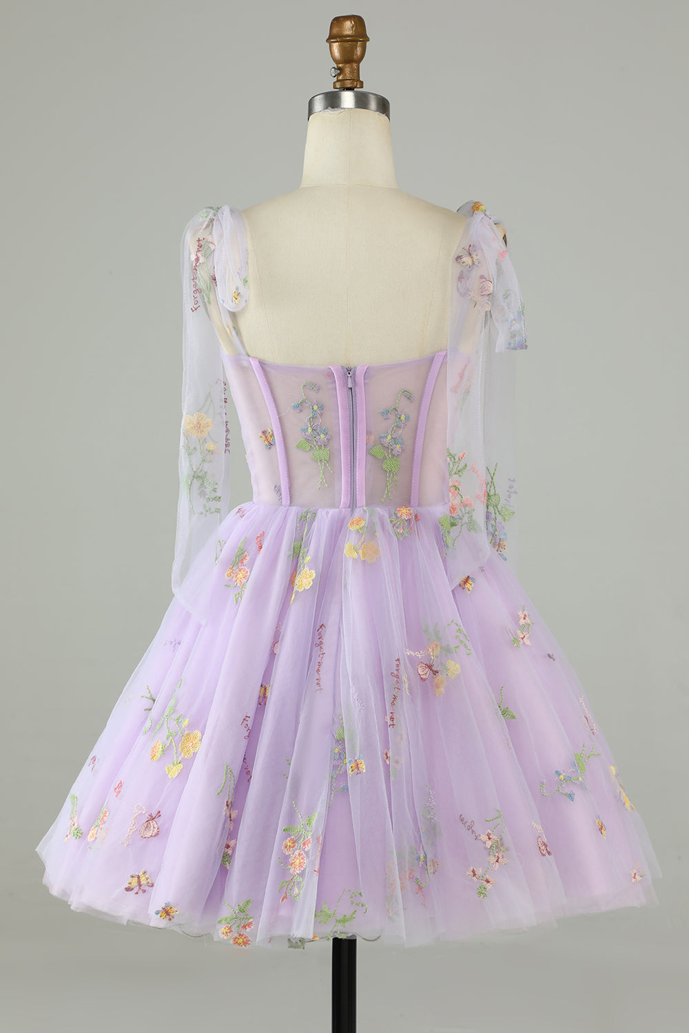 Lavender Tie Straps Short Party Dress With Embroidery