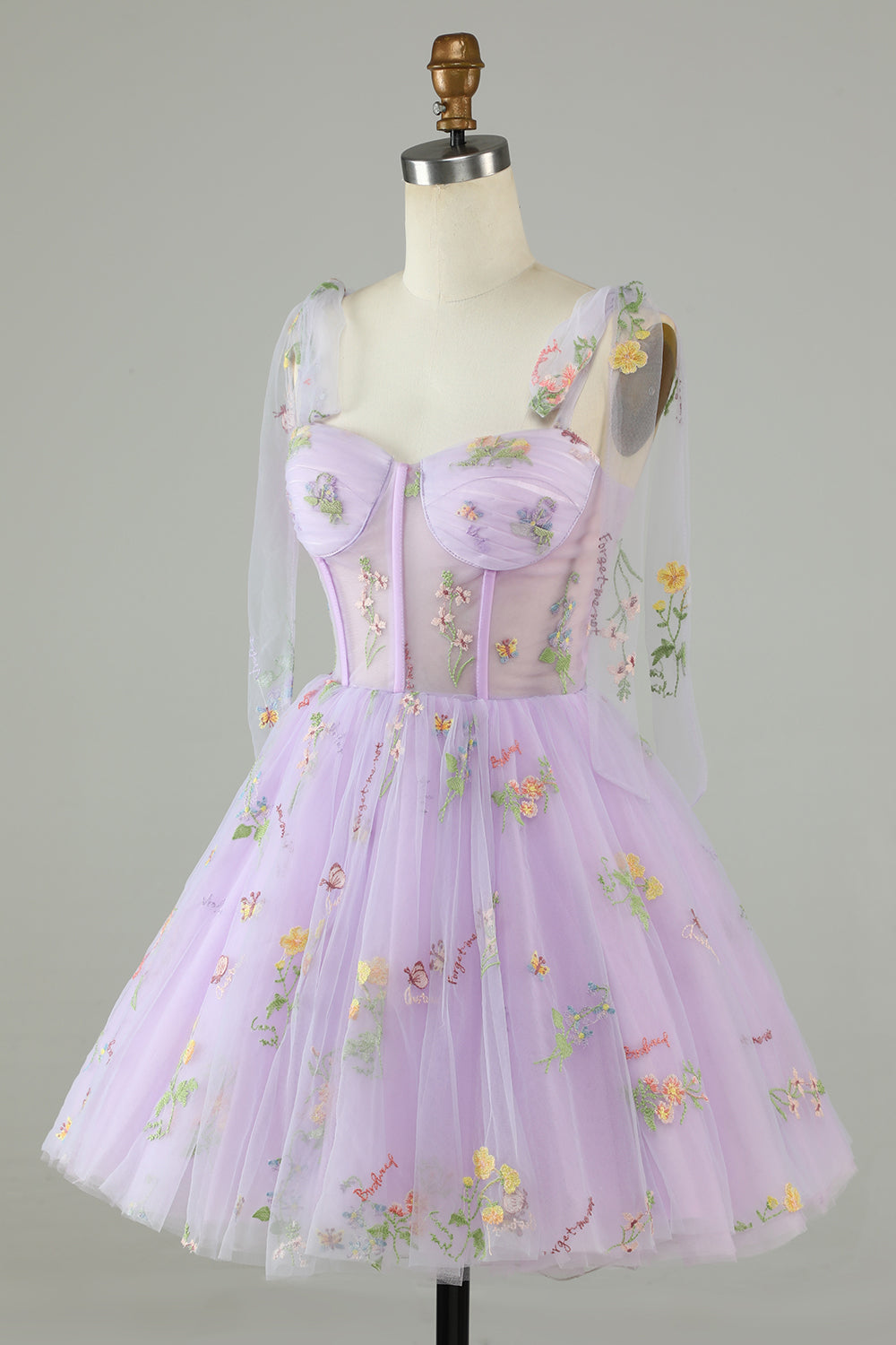 Lavender Tie Straps Short Party Dress With Embroidery