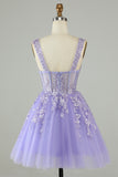 Lilac Shoulder Straps Short Tulle Dress With Appliques
