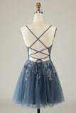 Grey Blue Spaghetti Straps Corset Back Tulle Dress With Appliques