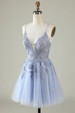 Grey Blue Spaghetti Straps Corset Back Tulle Dress With Appliques