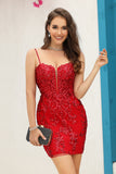 Red Spaghetti Straps Corset Back Sequin Short Party Dress