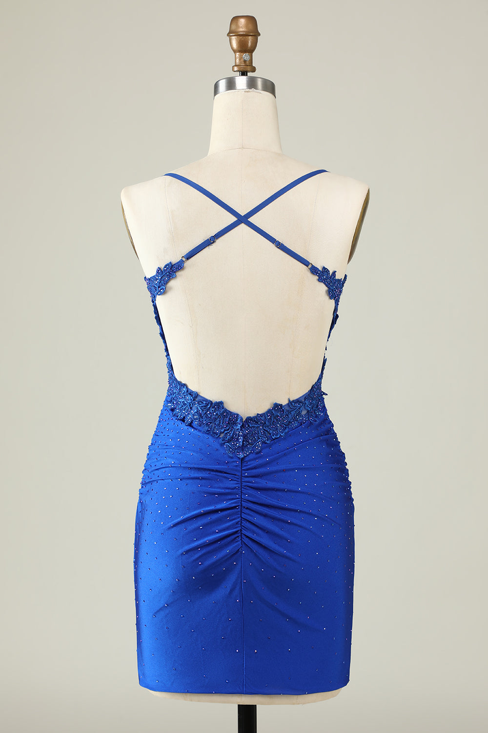 Royal Blue Lace Top Spaghetti Straps Short Glitter Dress
