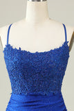 Royal Blue Lace Top Spaghetti Straps Short Glitter Dress