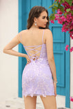 Lilac Spaghetti Straps Bodycon Short Party Dress With Appliques