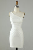 Sparkly White Sequins One Shoulder Tight Short Party Dress