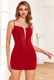 Red Spaghetti Straps Zipper Back Short Party Dress With Drills
