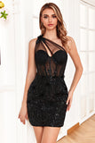 Gorgeous One Shoulder Short Black Party Dress With Sequin