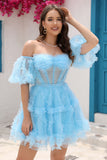 Blue Tulle Off The Shoulder Short Formal Dress