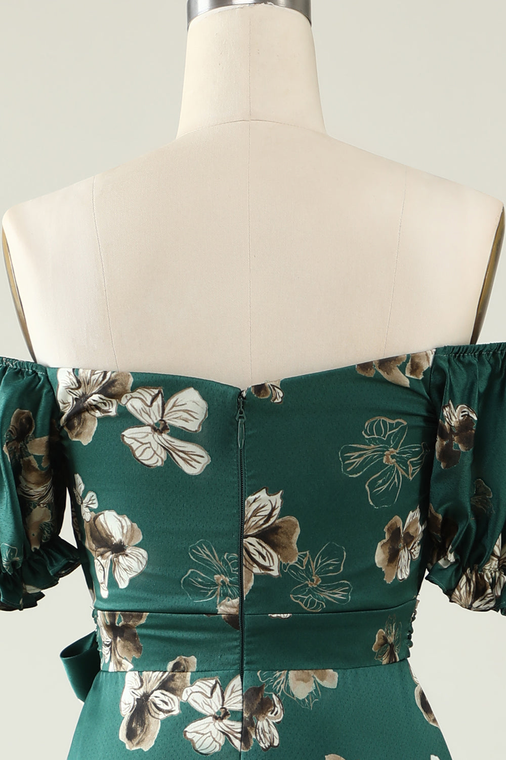 Off The Shoulder Tea Length Zipper Back Print Dress With Belt