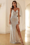 Silver Sequins Prom Dress with Slit