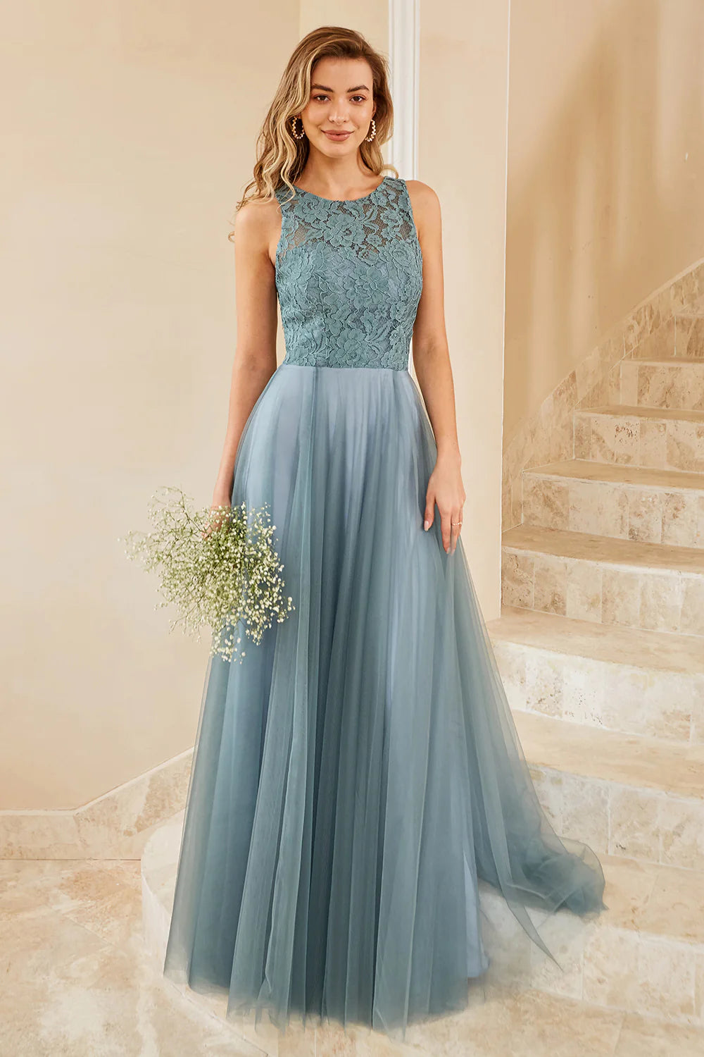 Simple Grey Blue Lace Up Lace And Tulle Party Dress