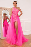 Hot Pink Detchable Train Formal Dress