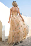 Cute A Line Tie Straps Long Tulle Formal Dress with Embroidery