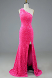 Mermaid Glitter One-Shoulder Sequin Formal Dress With Split