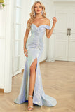 Stunning Off The Shoulder Long Sequin Dress With Split