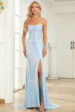 Blue Spaghetti Straps Long Sequin Party Dress With Split
