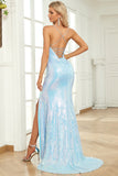 Blue Spaghetti Straps Long Sequin Party Dress With Split