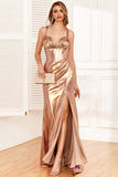 Golden Shoulder Straps Sweep Train Party Dress With Slit