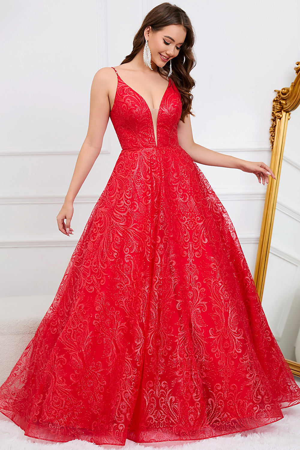 Red A-Line Open Back Long Lace Formal Dress