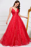 Red A-Line Open Back Long Lace Formal Dress