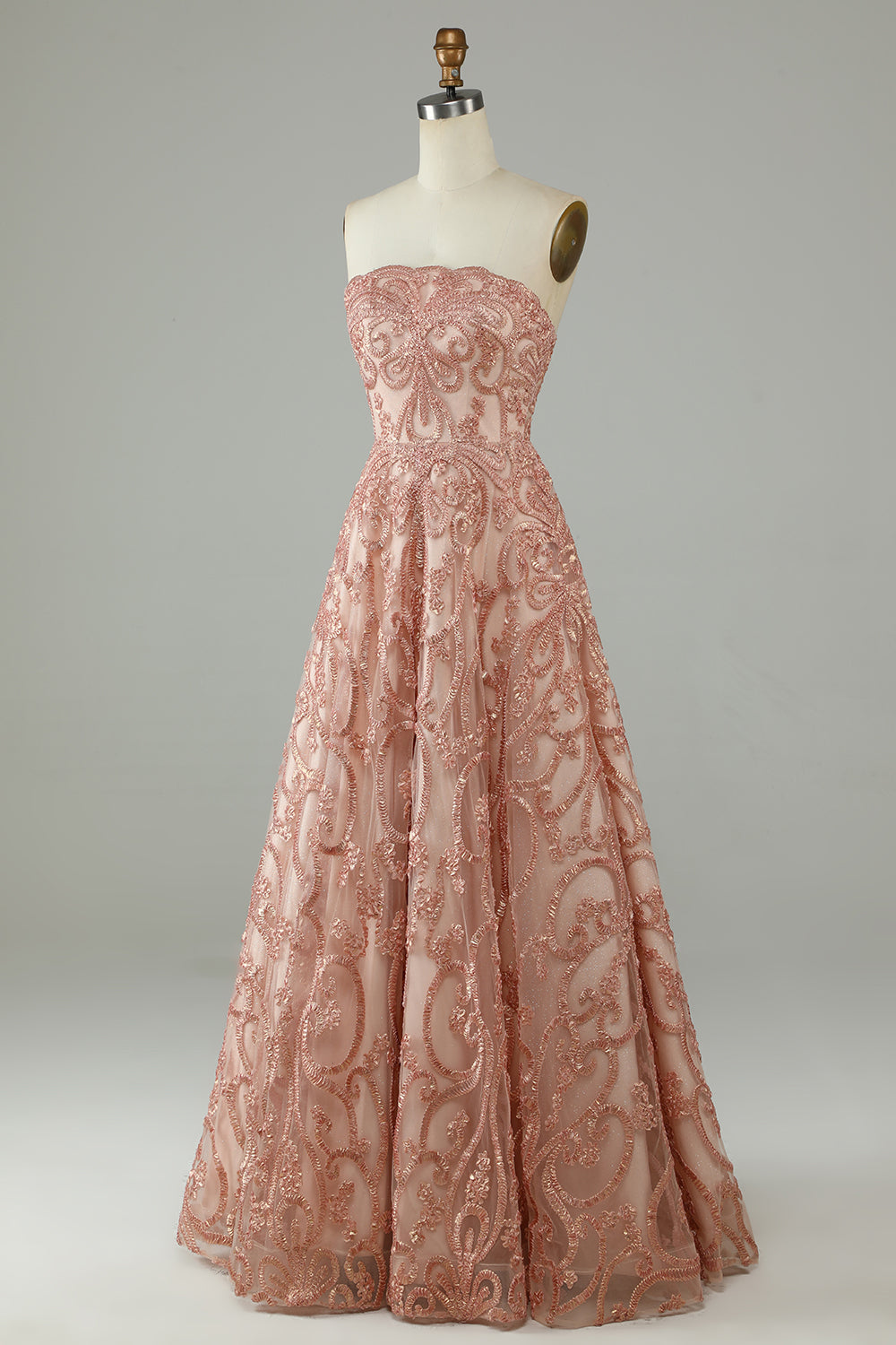 A-Line Strapless Blush Long Formal Dress with Appliques