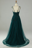 A-Line Dark Green Long Lace Formal Dress With Split