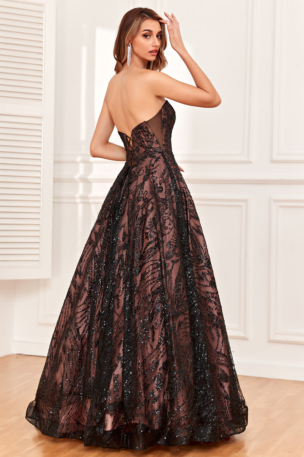 Dazzling Black Strapless Corset Back Long Formal Dress