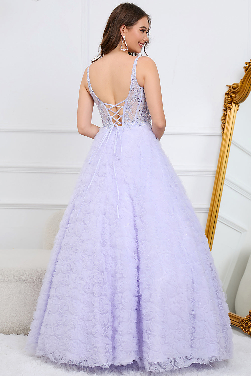 Romantic Purple V-Neck Tulle Formal Dress With Rhinestone