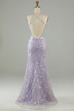Stunning Spaghetti Straps Cross Back Purple Formal Dress With Sequin
