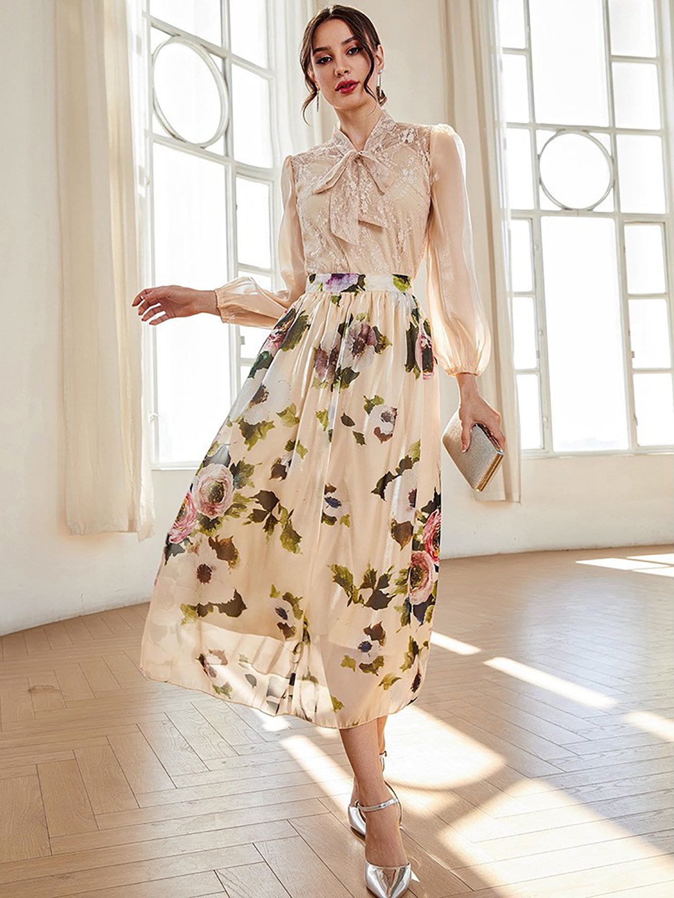 Beige Long Floral Elegant Dress