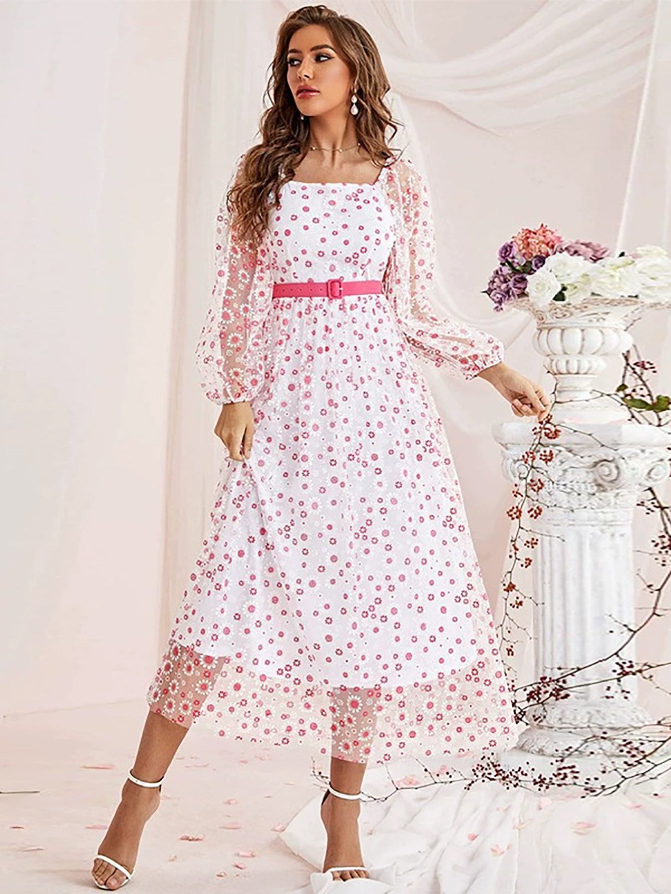 Pink Tiered Square Neck Long dress