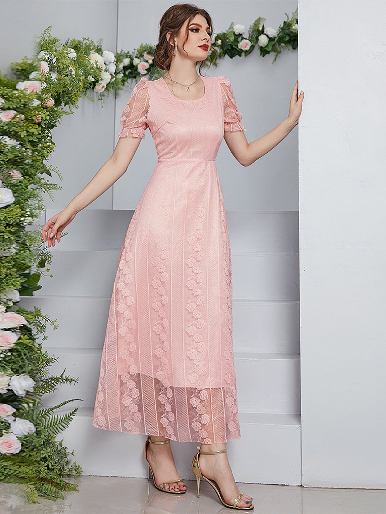 Pink Short Sleeves Layered Long Dress