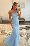 Blue Spaghetti Straps Mermaid Formal Dress With Appliques