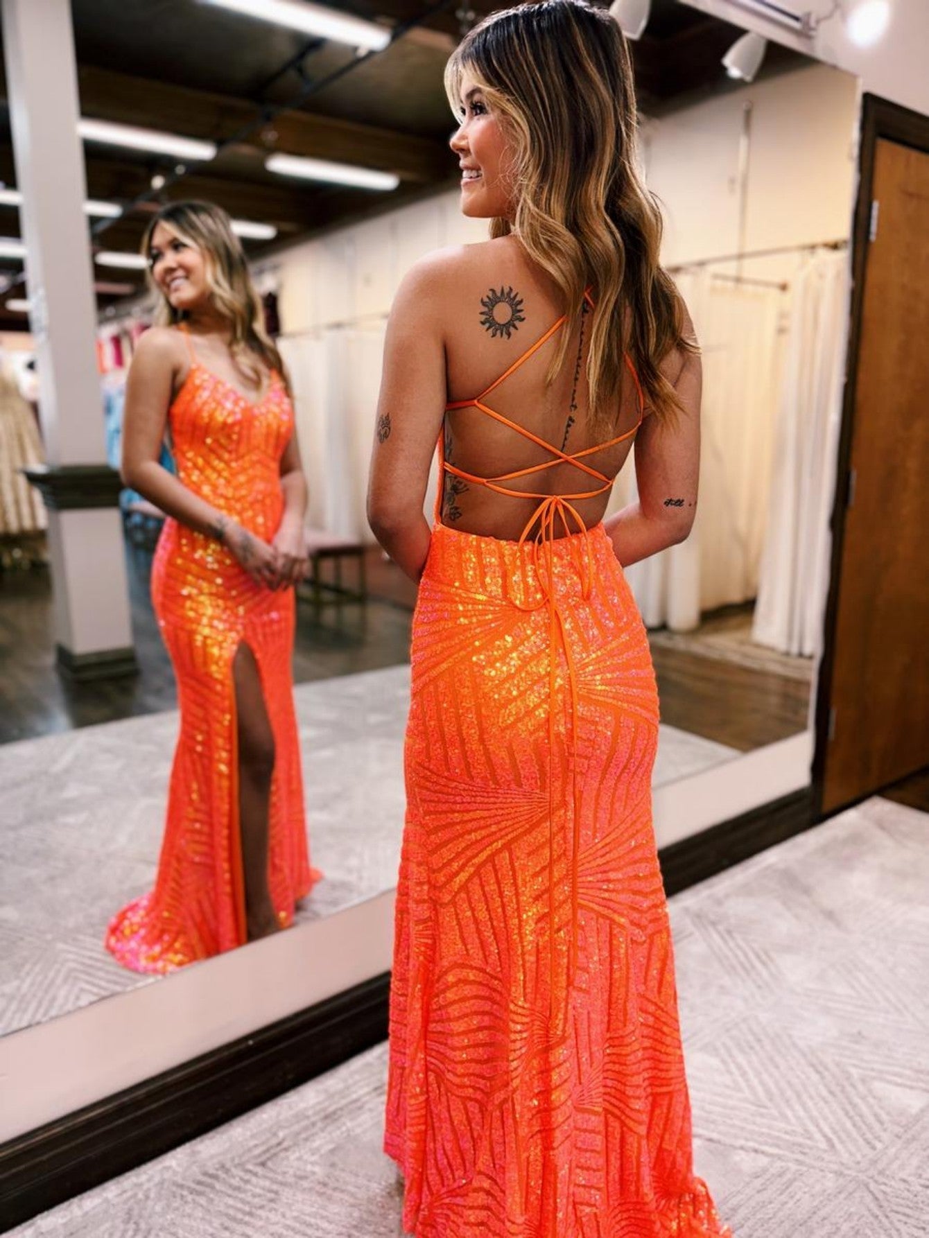 V Neck Orange Sequins Mermaid Long Prom Dress With Slit