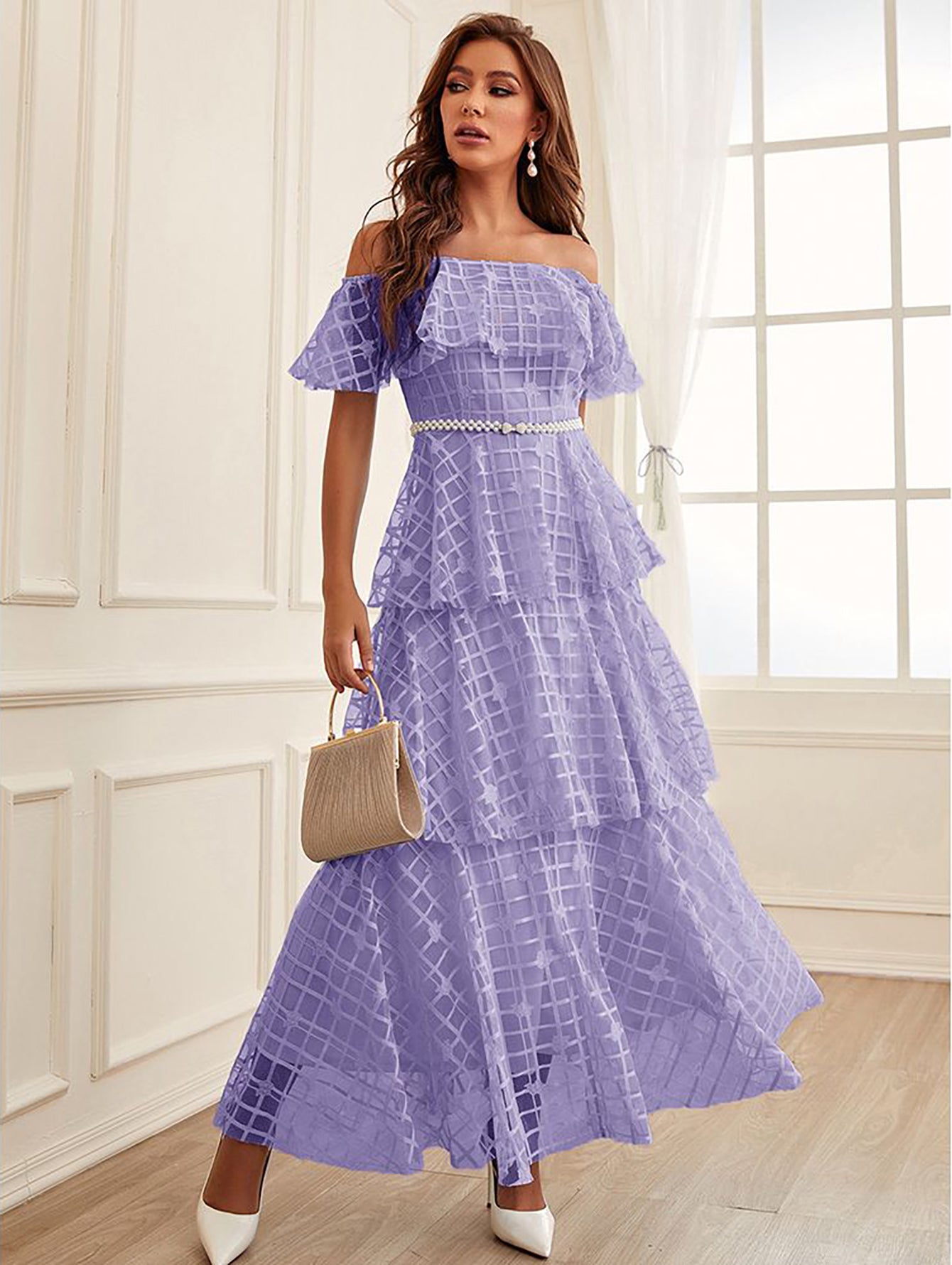 Strapless Off The Shoulder Purple Layered Dress