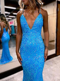 Light Blue V Neck Glitter Backless Mermaid Long Prom Dress