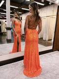 V Neck Orange Sequins Mermaid Long Prom Dress With Slit