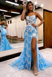 Mermaid Spaghetti Straps Blue Long Formal Dress with Appliques