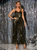 Silver Sequin V Neck Sexy Jumpsuit